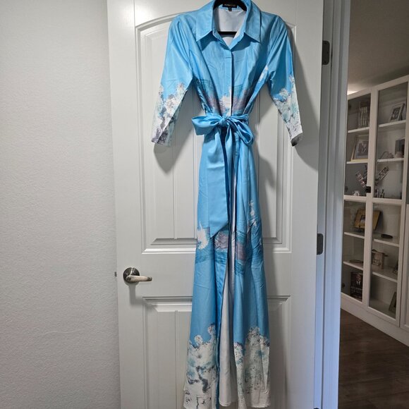 MAXI BUTTON DOWN OCEAN PRINT DRESS WITH POCKETS - MEDIUM - Picture 8 of 9